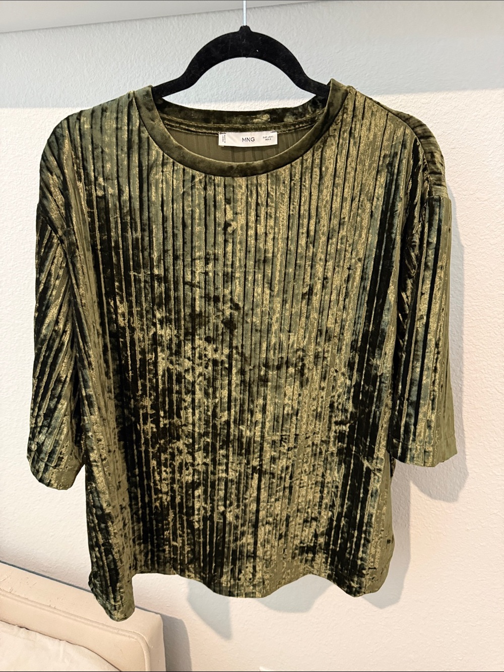 Mango Olive Crushed Velvet Pleated Short Sleeve Top